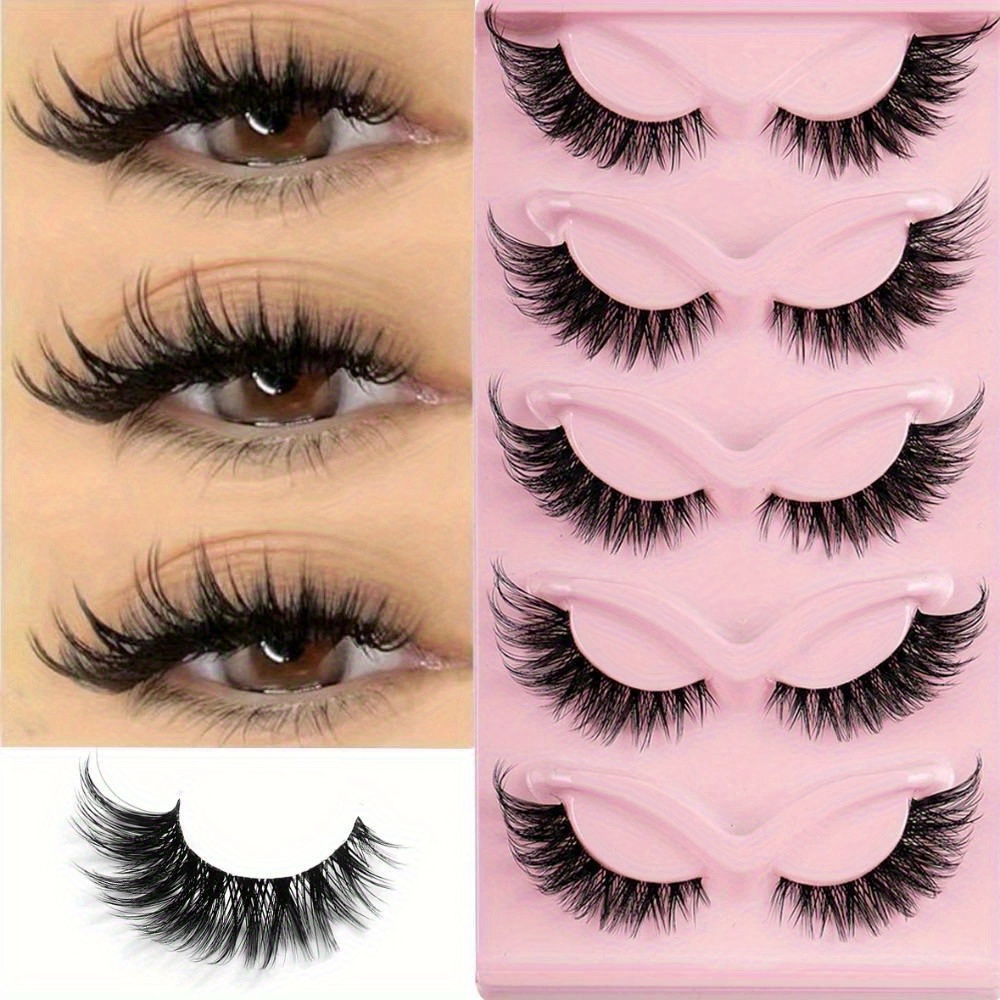 

5 Pairs Faux Mink False Eyelashes, Fluffy Cat Eye Lashes, Natural Look, Soft Transparent Stem, Winged Tip, Long Dramatic Volume, Unscented - Makeup Accessories