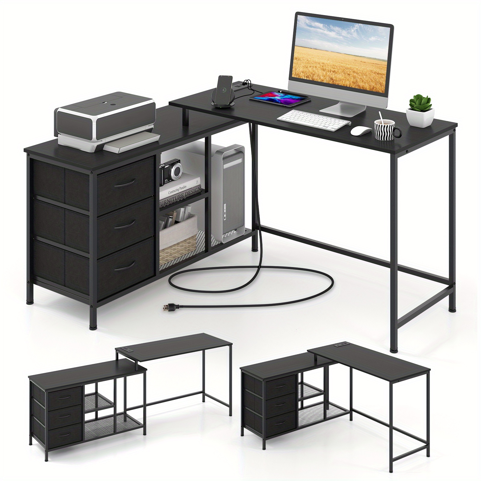 

Lifezeal L-shaped Computer Desk W/ Power Outlet, Fabric Drawers, Metal Mesh Shelves Black