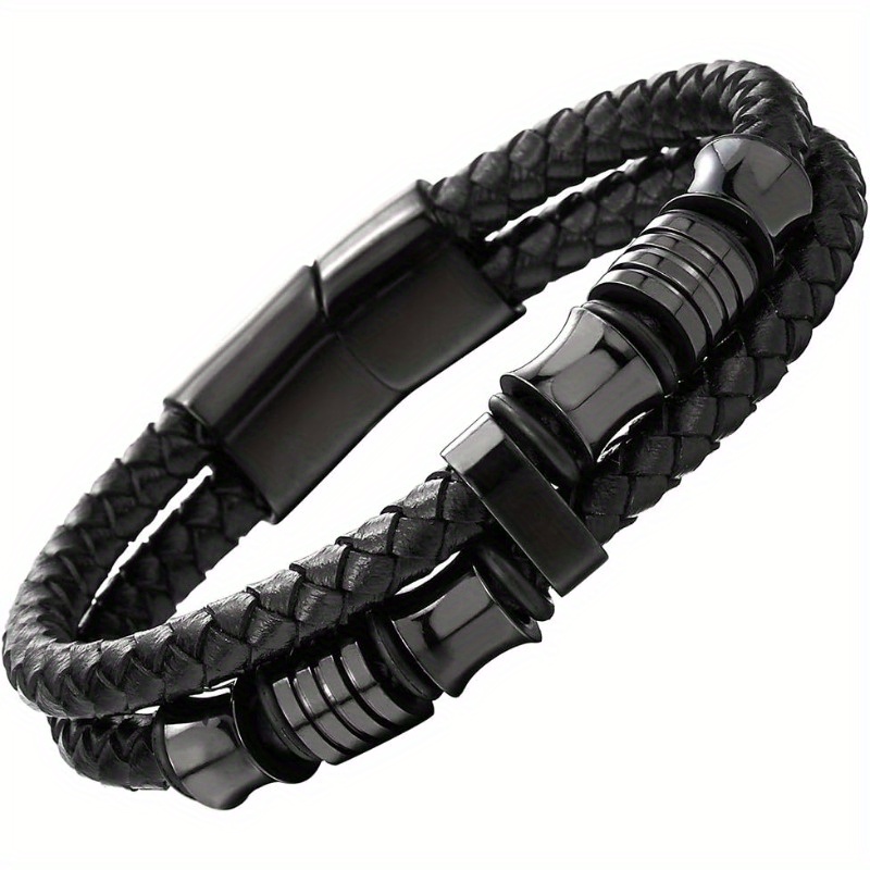 

Mens Double-row Braided Leather Bracelet Bangle Wristband With Stainless Steel Ornaments