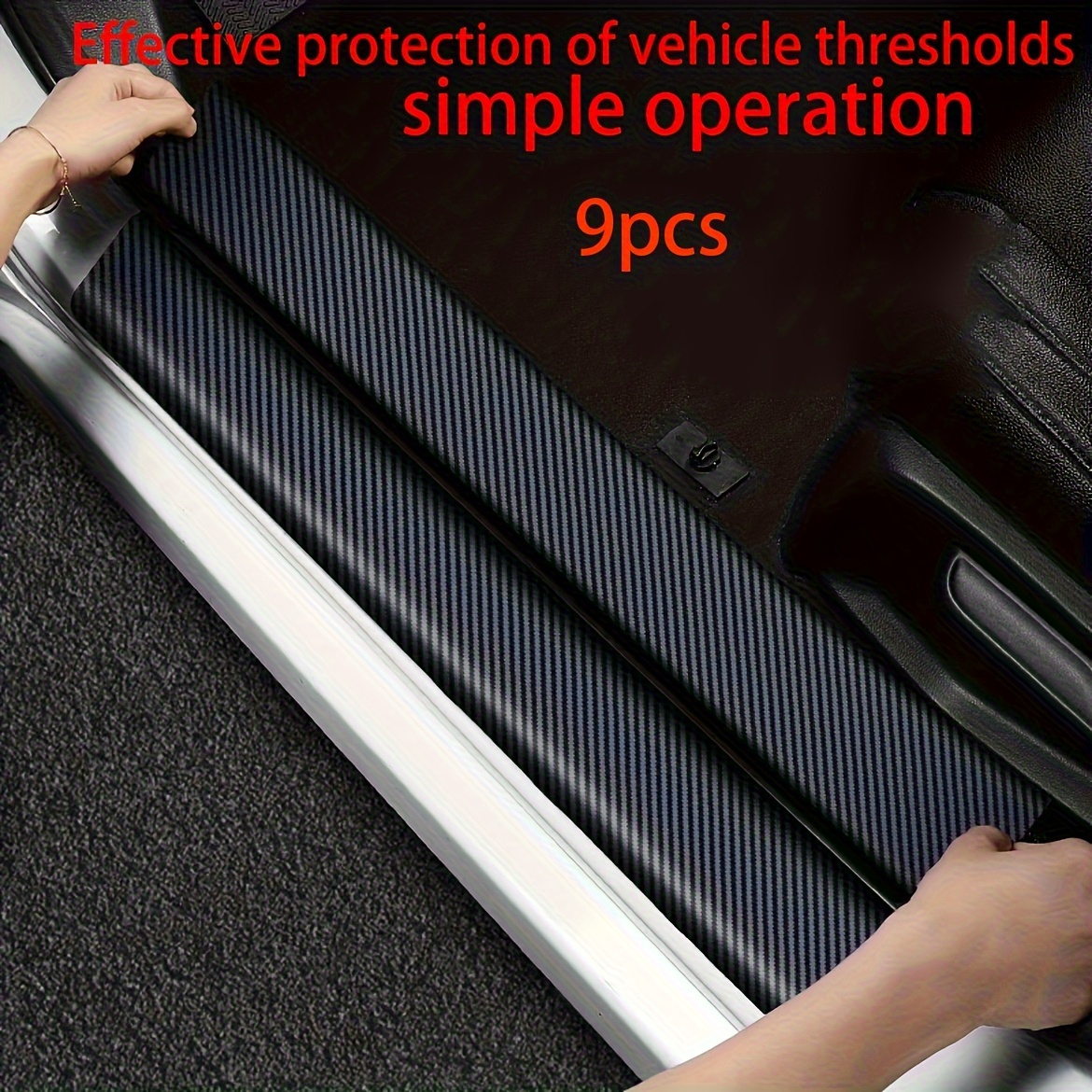 TEMU 9pcs Vehicle Door Sill Protector Set - Rubber Carbon Fiber Vinyl Stickers, Easy To Install Durable Entry Guards For Car Threshold Protection