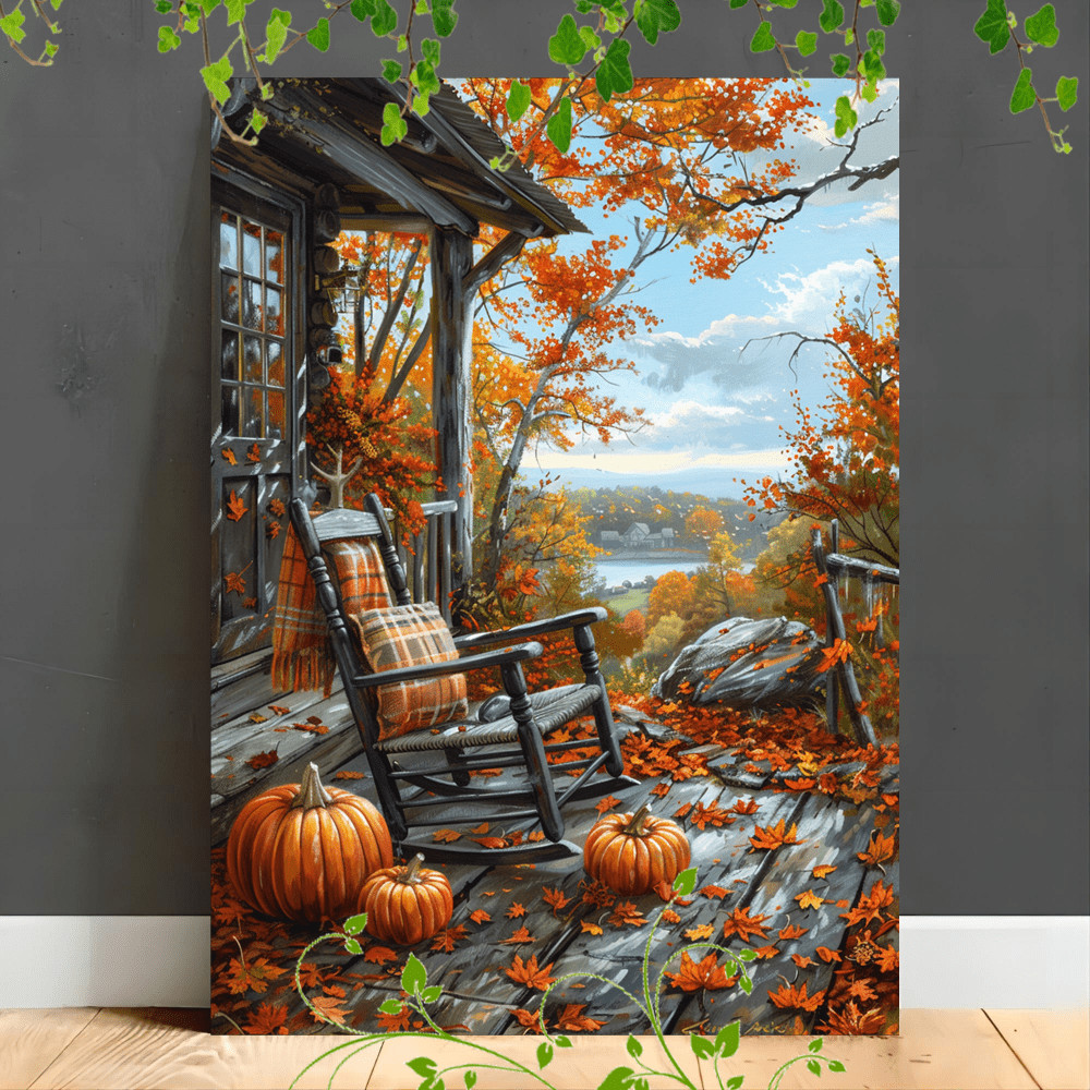 

1pc Wooden Framed Canvas Painting Autumn Porch Pumpkins Cozy Rockingchair Foliageartwork Very Suitable For Office Corridor Home Living Room Decoration Suspensibility