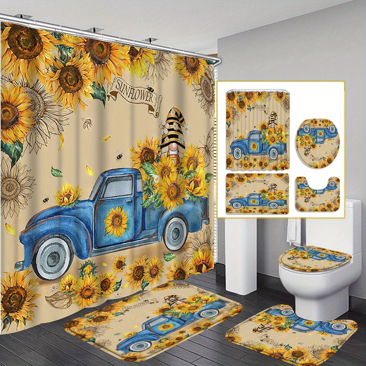 

4pcs Sunflowers And Dwarf Shower Curtain Gift Modern Home Bathroom Decoration Curtain And Toilet Floor Mat 3-piece Set With 12 Shower Curtain Hooks