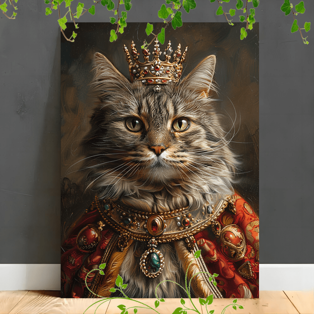 

1pc Wooden Framed Canvas Painting Cat Crown Royalty Jewels Throne Robeartwork Very Suitable For Office Corridor Home Living Room Decoration Suspensibility