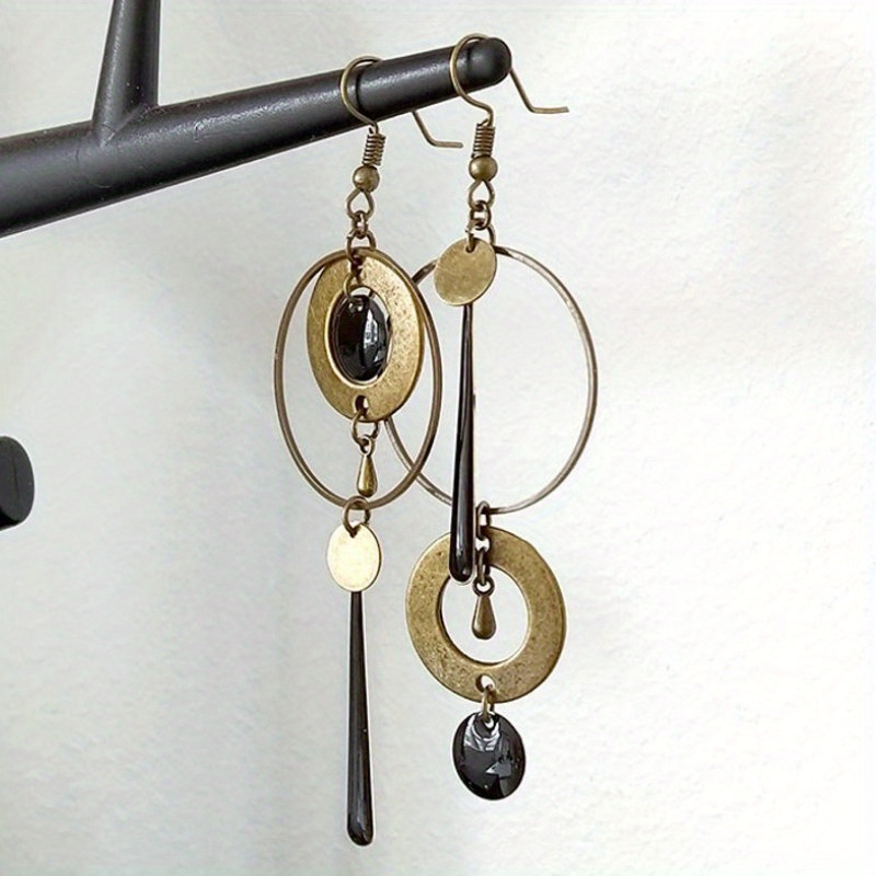 

2pcs/pair Vintage Asymmetric Geometric Circle Design Dangle Earrings Creative Bohemian Style Hollow Jewelry For Women