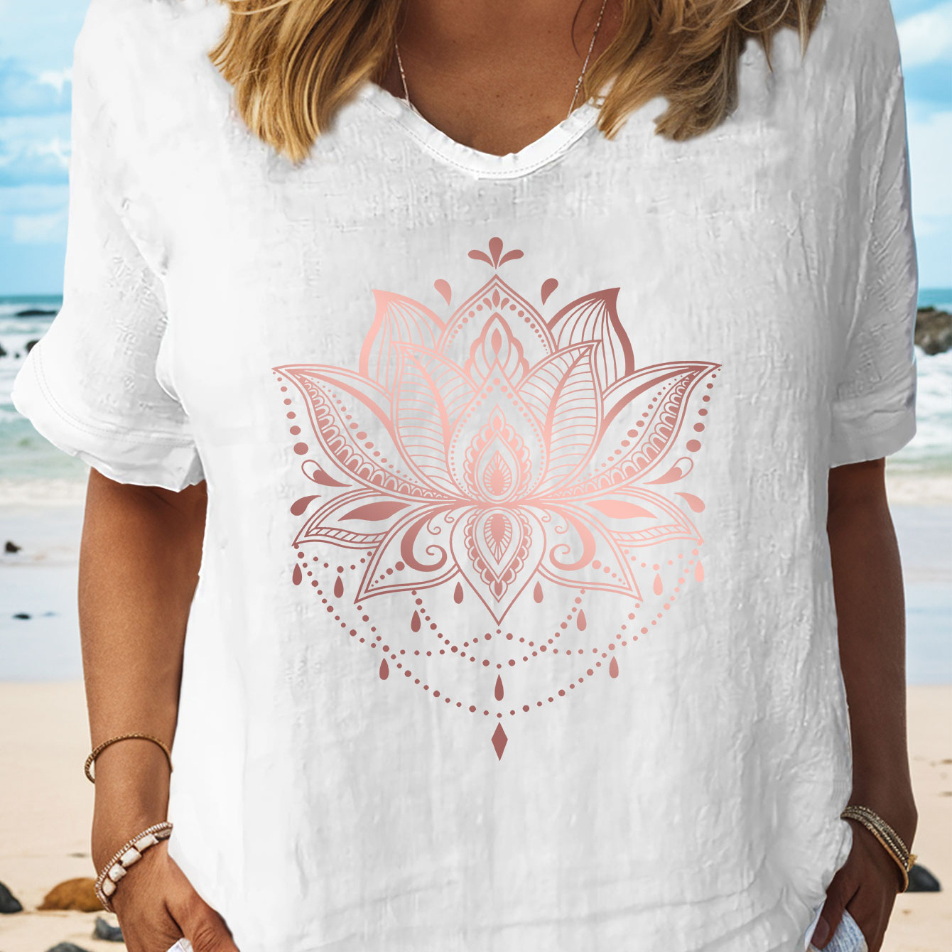 

Lotus Print T-shirt, Short Sleeve V Neck Casual Top For Summer & Spring, Women's Clothing