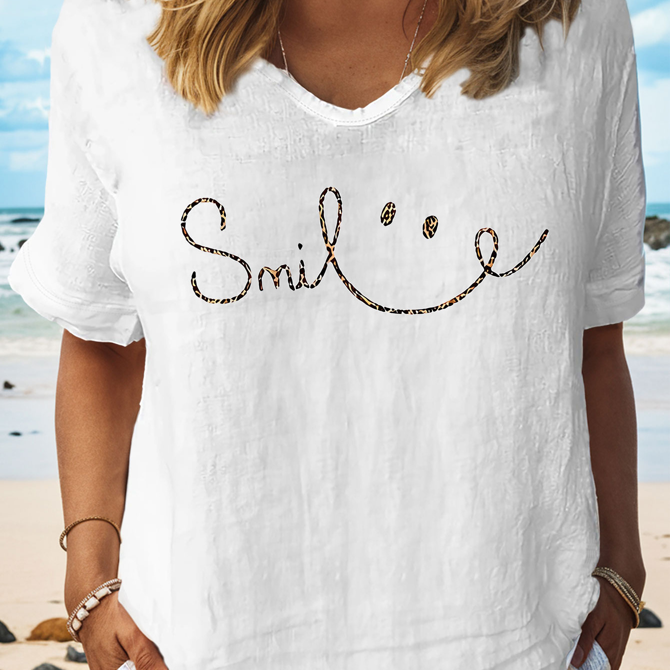 

Smile Print T-shirt, Short Sleeve V Neck Casual Top For Summer & Spring, Women's Clothing