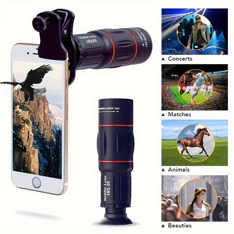 18x optical zoom telephoto monocular lens for smartphones universal clip on camera attachment synthetic rubber exterior compatible with most mobile phones no battery required details 1