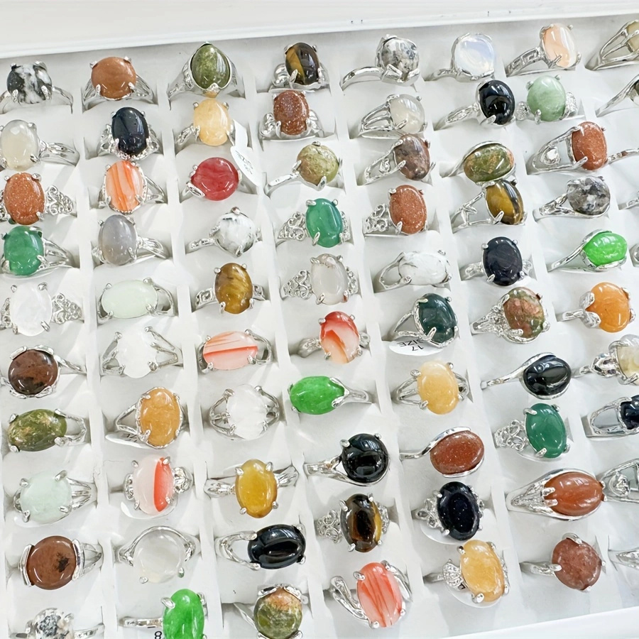 

50/100pcs (size 6-10) Natural Stone Ring Mixed Wholesale Lots Rings In Bulk Jewelry Agate, Tiger Eye Stone Mix And Match Daily Outfits For Party Accessories Dainty Chrismas Gifts Women Men Jewelry