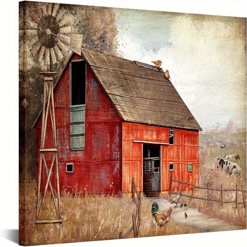 

Red Barn Wall Art Canvas Farmhouse Painting Pictures Prints Old Windmill Decor Artwork Wooden Frame - Thickness 1.5inch