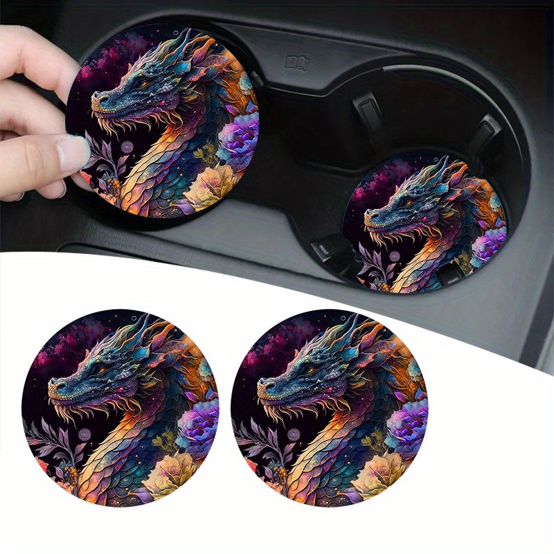 

2-pack Faux Leather Car Coasters With Vibrant Dragon Design - Universal Fit Cup Holder Inserts For Vehicle Interior Decoration & Protection