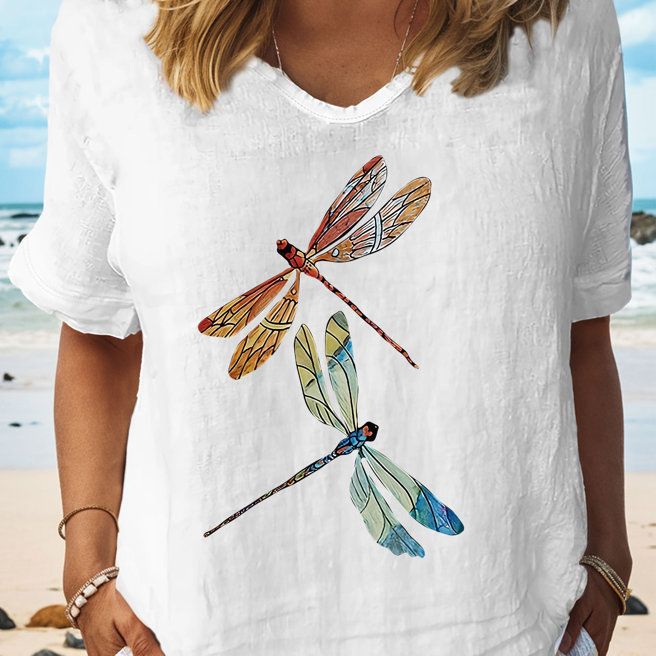 

Dragonfly Print T-shirt, Short Sleeve V Neck Casual Top For Summer & Spring, Women's Clothing