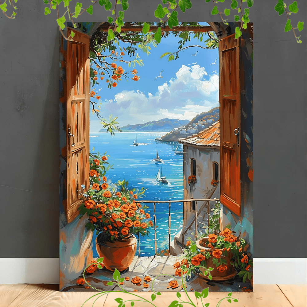 

1pc Wooden Framed Canvas Painting Open Window Breeze Scenic View Mediterranean Flowers Sunnyartwork Very Suitable For Office Corridor Home Living Room Decoration Suspensibility