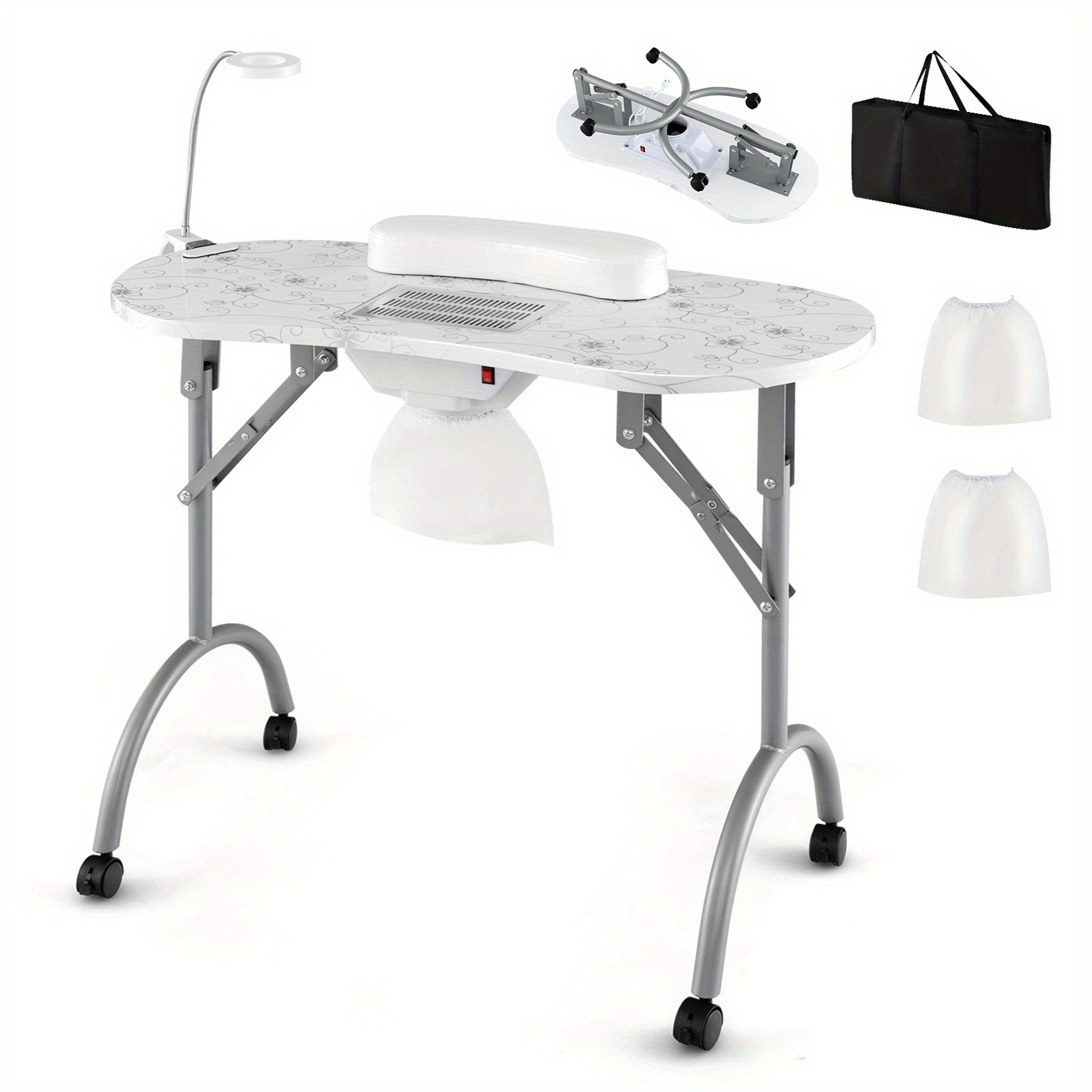

Folding & Portable Manicure Table With Dust Collector Led Lamp Carry Bag White