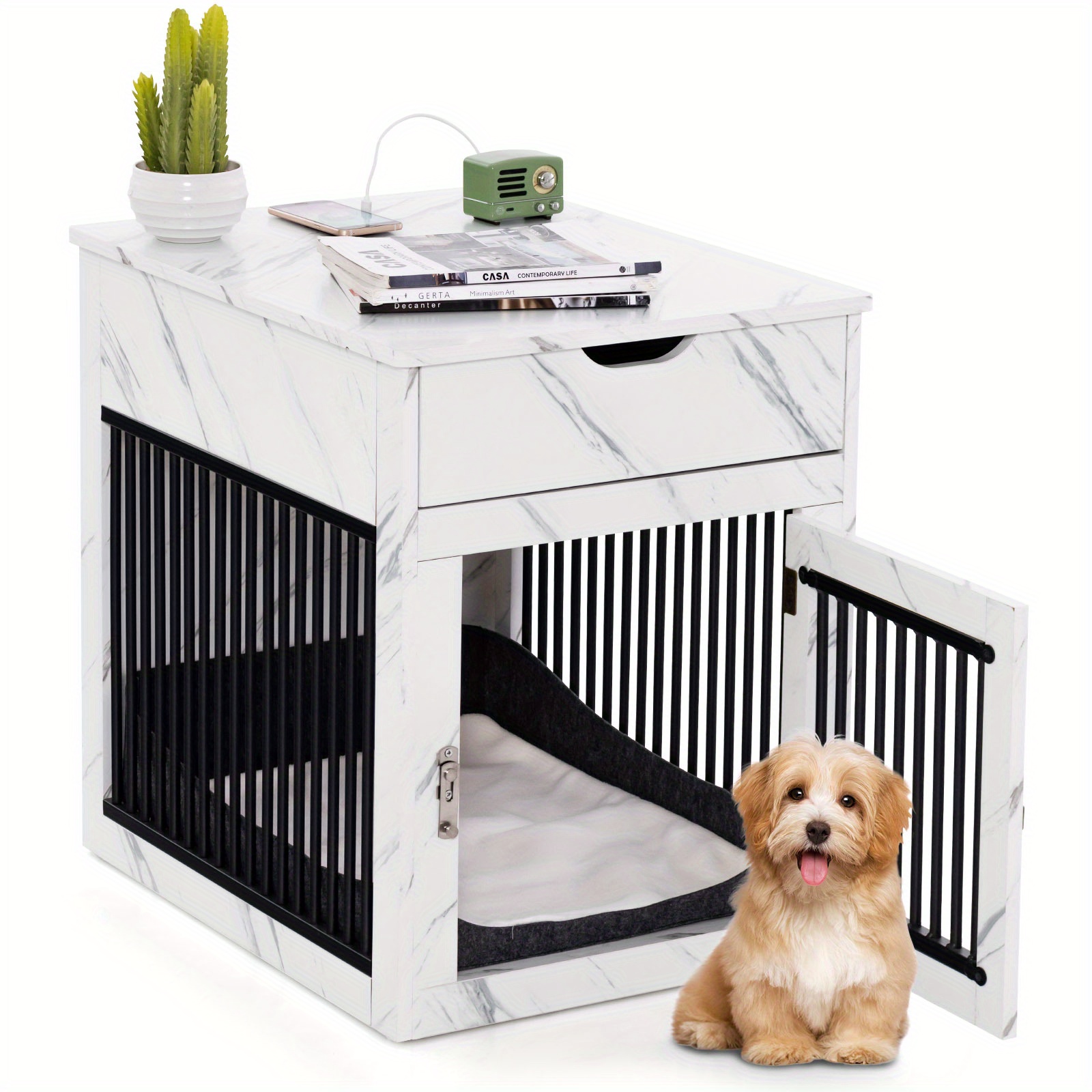 

2-in-1 Furniture Dog Crate With Drawer Wired & Wireless Charging Side End Table