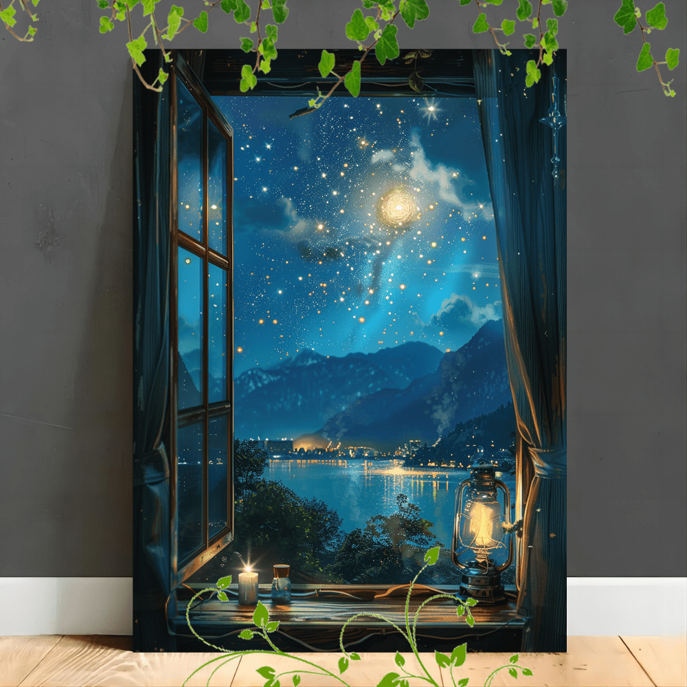 

1pc Wooden Framed Canvas Painting Starry Night Window Dreamlike View Cosmic Radianceartwork Very Suitable For Office Corridor Home Living Room Decoration Suspensibility