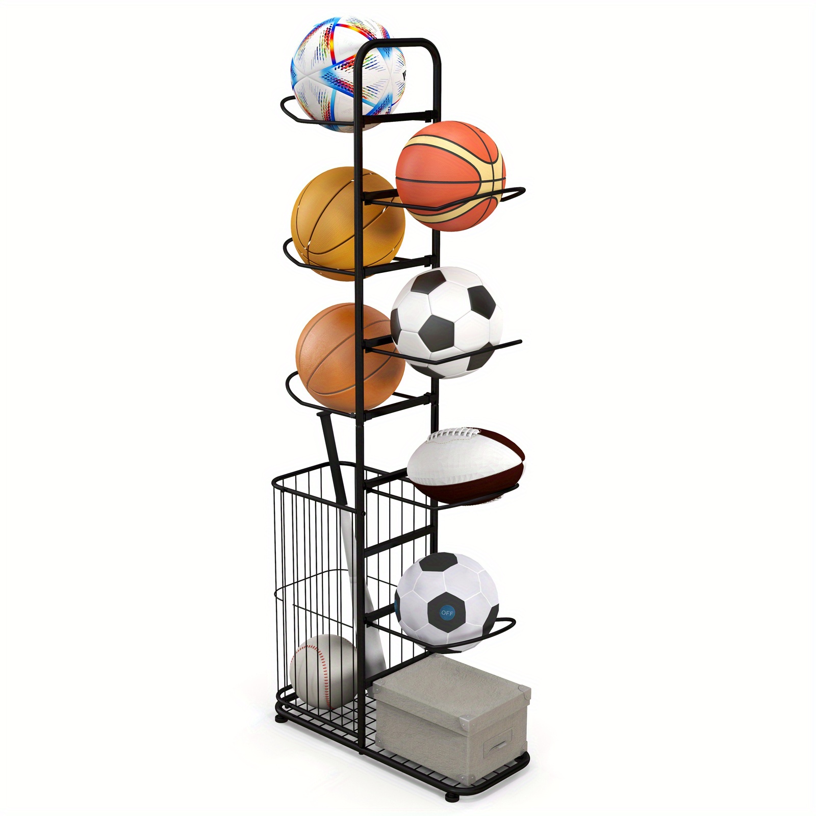 

7-tier Ball Storage Rack W/ 7 Removable Hanging Rods & Side Ball Basket Black