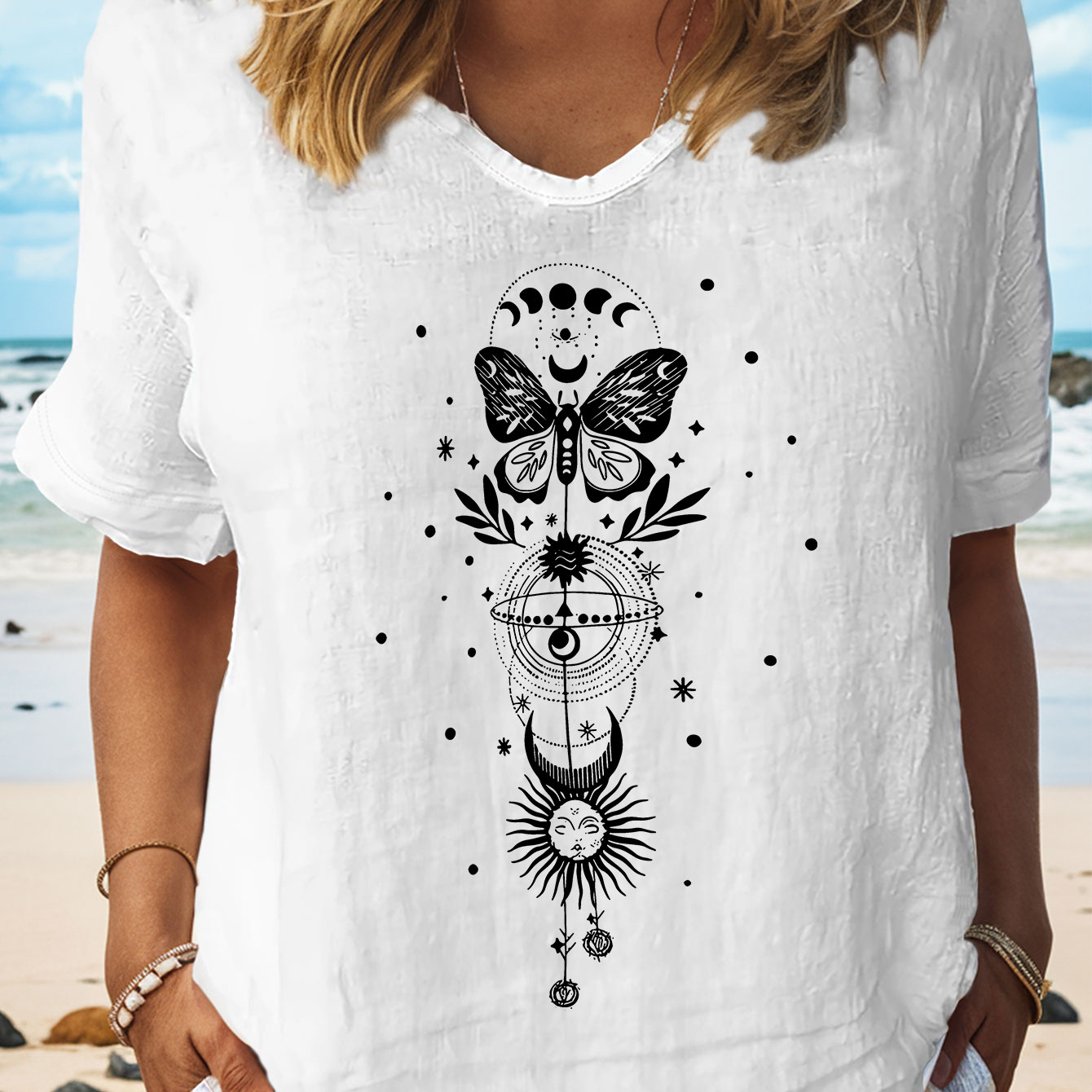 

Butterfly Print T-shirt, Short Sleeve V Neck Casual Top For Summer & Spring, Women's Clothing