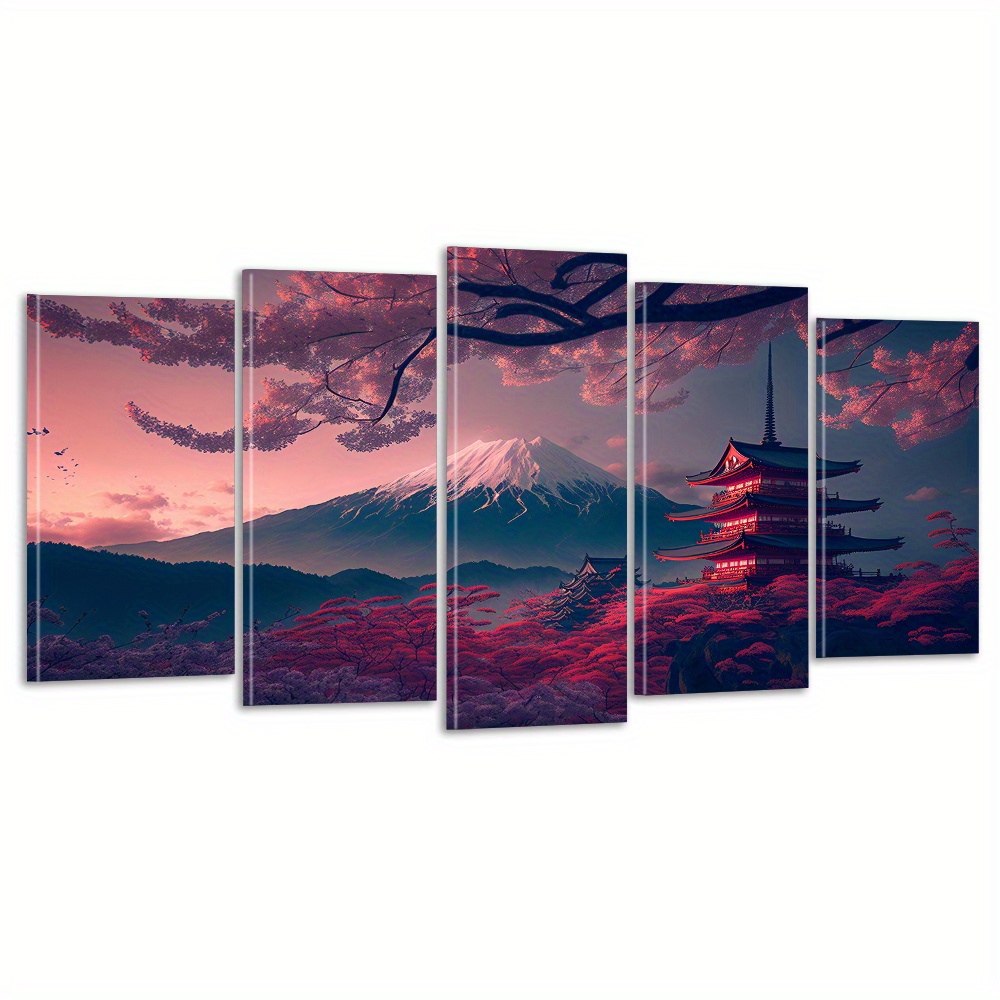 

Mount Fuji Cherry Blossom Pink Sky Canvas Prints: 5 Panels Framed Wall Art - Modern Art Poster Picture Home Decor Gift