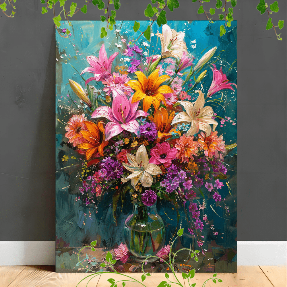 

1pc Wooden Framed Canvas Painting Vibrant Flowers Bouquet Rich Colors Still Life Floral Arrangementartwork Very Suitable For Office Corridor Home Living Room Decoration Suspensibility