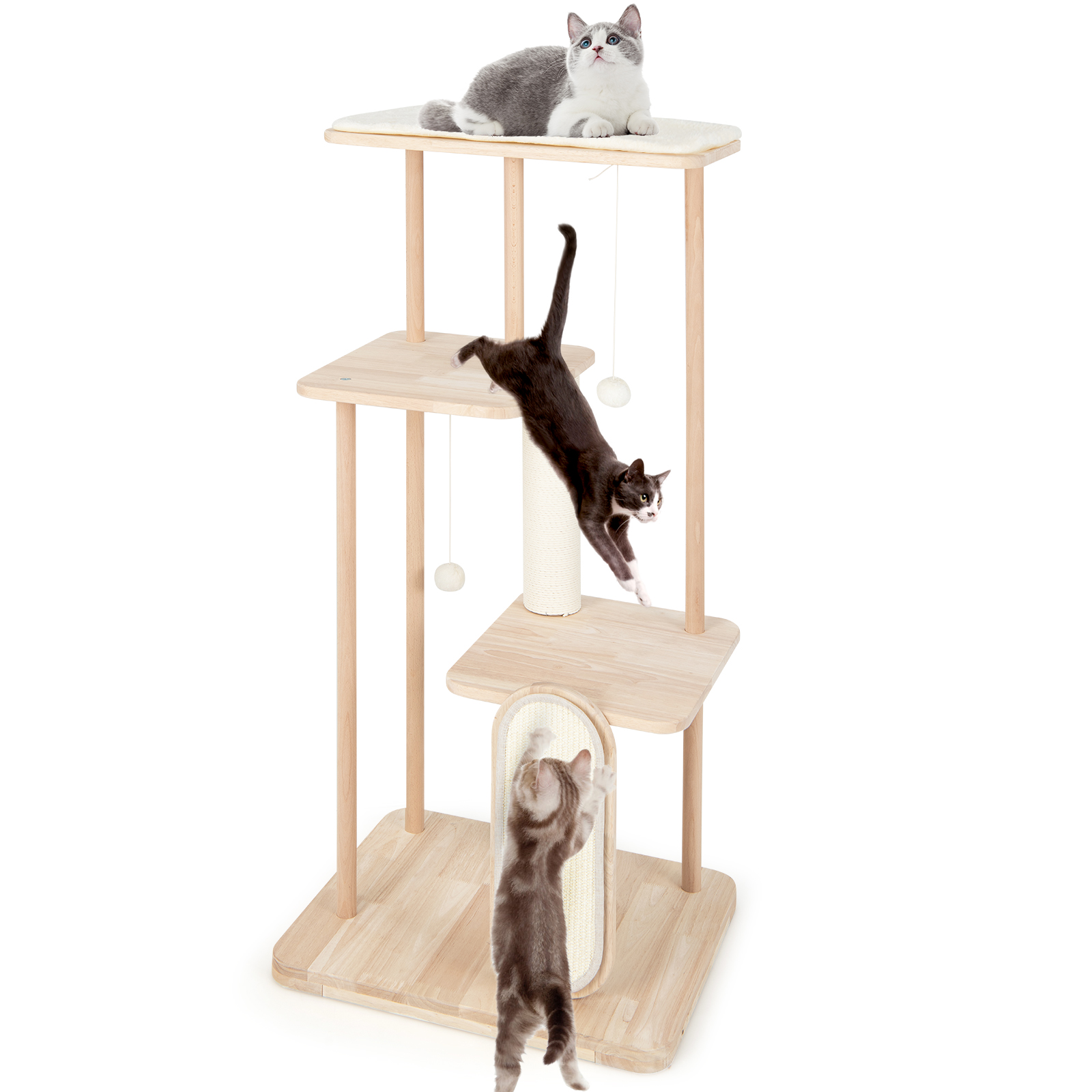 

50" Tall Solid Wood Cat Tree W/ Oak Frame & Beech Post Scratching Board & Posts