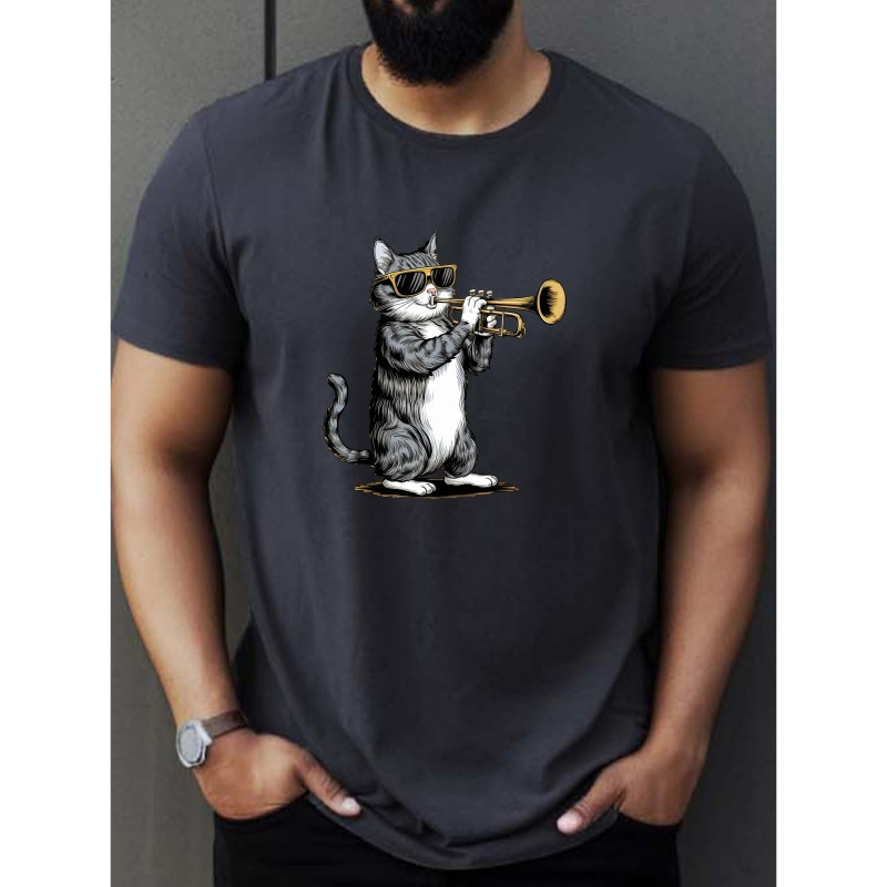 

Cute Cat Play Trumpet Print, Men's Summer Casual Short Sleeve T-shirt, Round Neck, Comfy And Simple Fit, Versatile Outdoor Top For Daily Wear