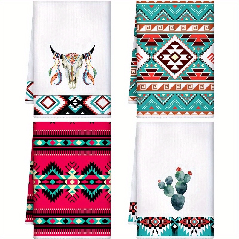 

4-piece Southwest Kitchen Towel Set - Aztec & , Ultra-soft Polyester Blend, Absorbent Hand Towels With Hanging Loop, Perfect For Cooking & Decor, 18x26 Inches
