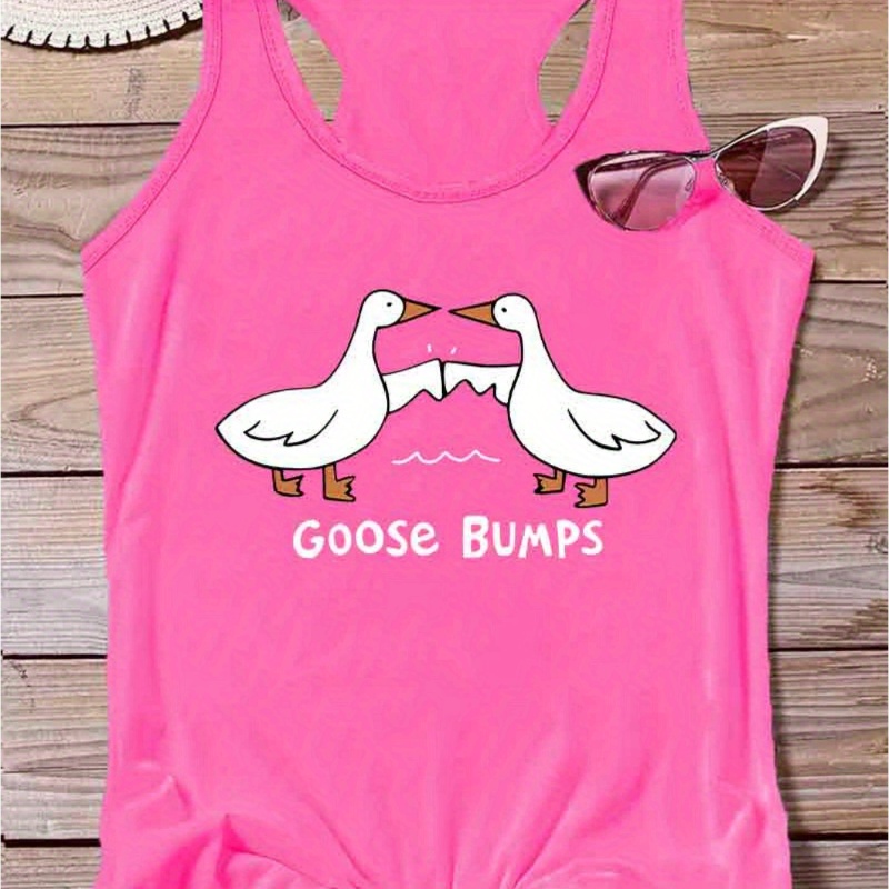 

Cartoon Goose & Letter Print Casual Vest T-shirt, Round Neck Racer Back Stretchy Sports Tank Top, Women's Activewear
