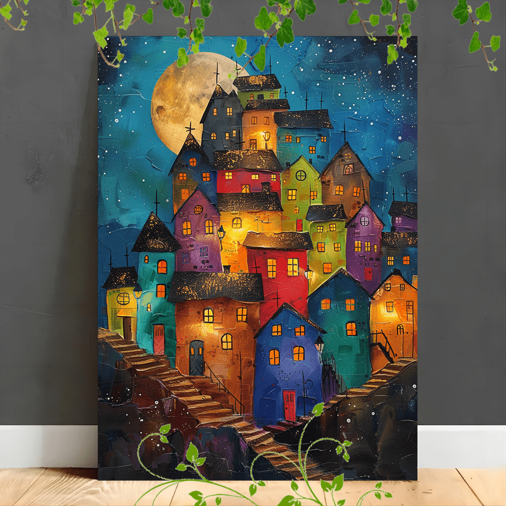

1pc Wooden Framed Canvas Painting Whimsical Cityscape Colorful Buildings Moon Night Fantasy Urbanartwork Very Suitable For Office Corridor Home Living Room Decoration Suspensibility