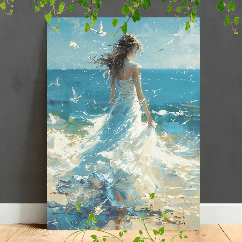 

1pc Wooden Framed Canvas Painting Wind Girl Beach White Dress Scenery Painting Romanticartwork Very Suitable For Office Corridor Home Living Room Decoration Suspensibility