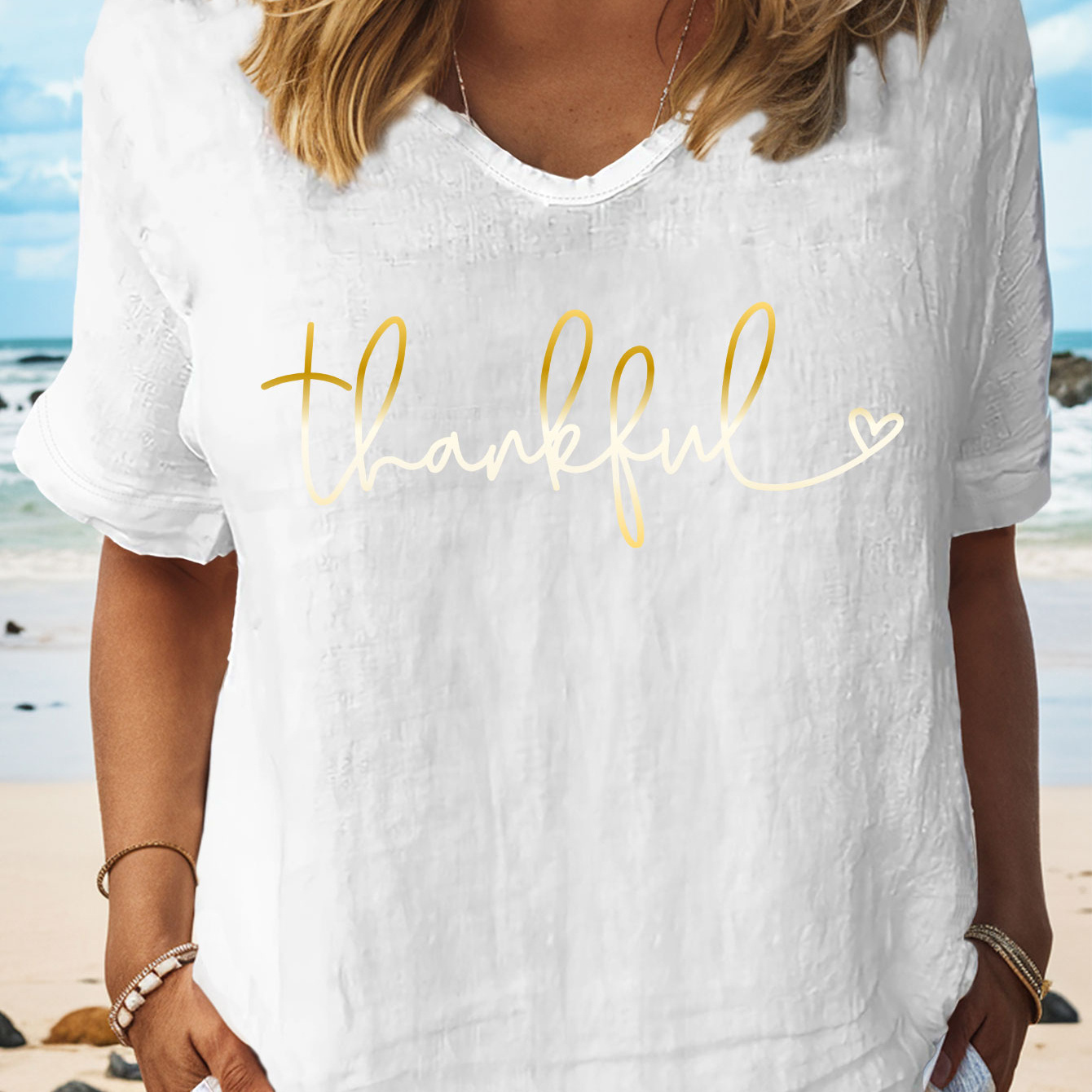 

Thankful Print T-shirt, Short Sleeve V Neck Casual Top For Summer & Spring, Women's Clothing