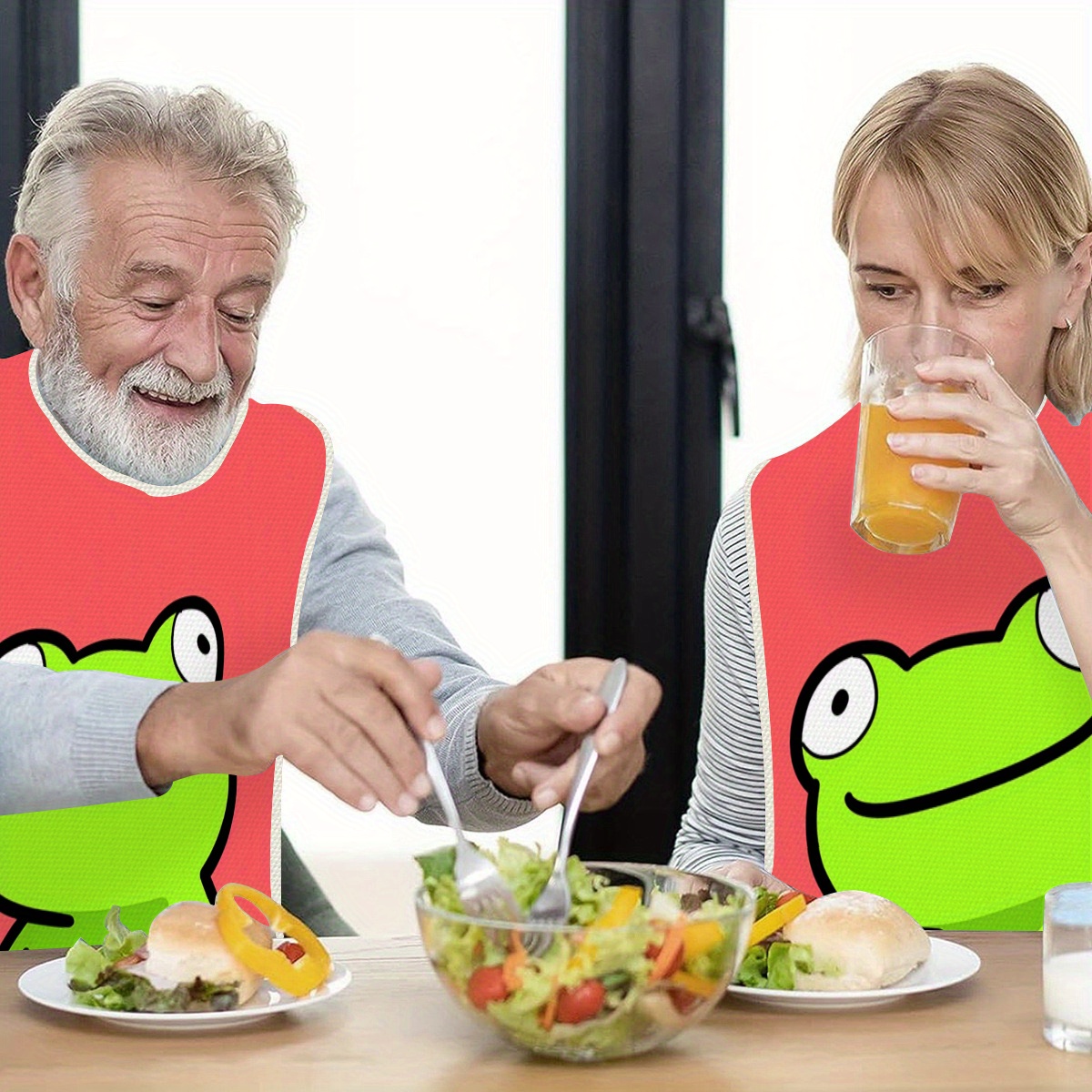 

Cute Frog-themed Adult Bib - Easy-clean, Stain & Leak-proof Apron For Eating, Linen Material, In 1pc Or 2pcs Piece