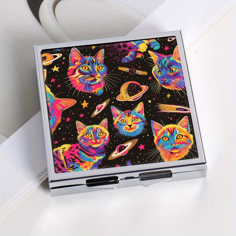 

Colorful Cat Print Square Pill Organizer - 4-compartment Metal Case, Portable & Moisture-proof For Travel, Jewelry Storage, Unique Gift Idea