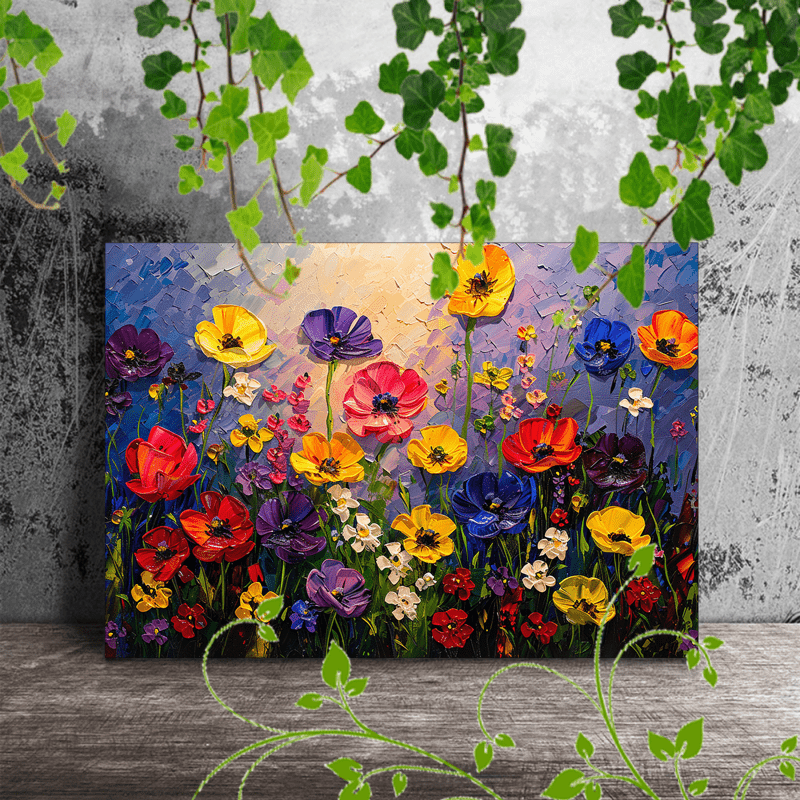 

1pc Wooden Framed Canvas Painting, Colorful Flowers Field Floral Painting Vibrant Artwork Very Suitable For Office Corridor Home Living Room Decoration Suspensibility