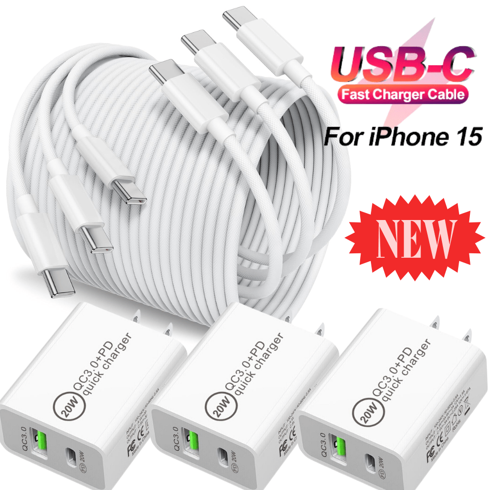 

3x For Iphone 15 Pro Max Ipad Samsung 20w Qc 3.0 Usb-c Fast Charger Pd Type-c 6ft Cable