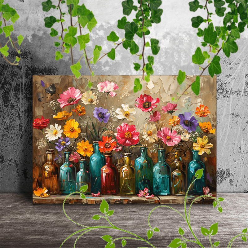 

1pc Wooden Framed Canvas Painting, Flowers Bottles Colorful Stilllife Arrangement Painting Decor Artwork Very Suitable For Office Corridor Home Living Room Decoration Suspensibility