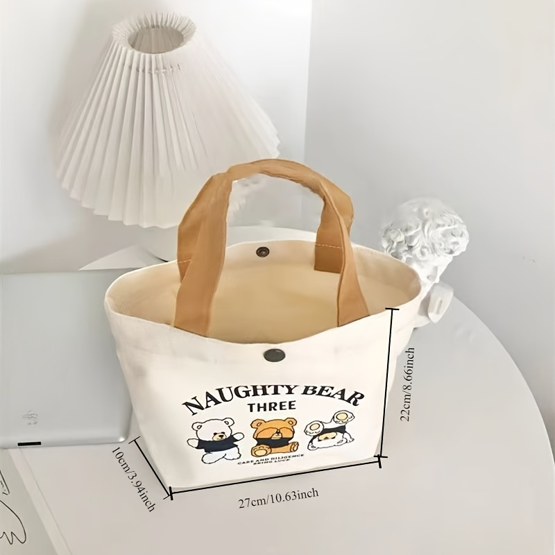 

Canvas Tote Bag With Cartoon Bear Print, Casual Shoulder Lunch Bag, Cute And Simple Style Storage Handbag For Daily Use