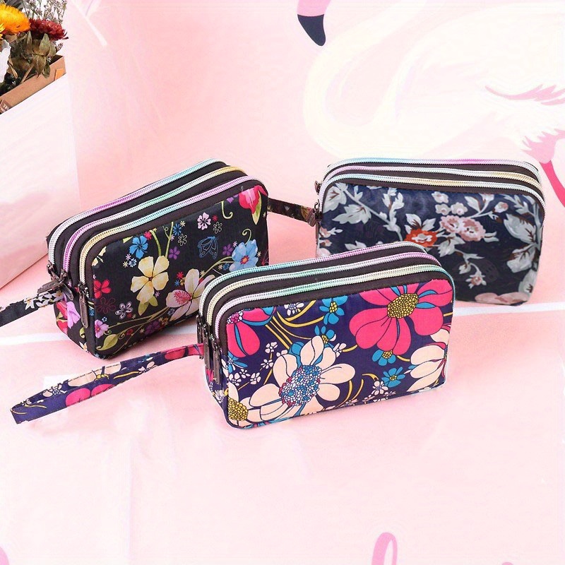 

Floral Print Mini Coin Purses, Polyester Trendy Multi-layer Clutch Wallets With Wrist Strap, Women's Credit Card & Phone Holders(7.08'' X 2.36'' X 4.72'')