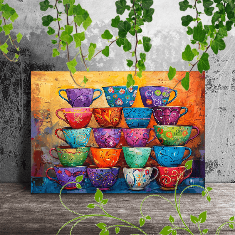 

1pc Wooden Framed Canvas Painting, Stacked Teacups Colorful Whimsical Art Artwork Very Suitable For Office Corridor Home Living Room Decoration Suspensibility