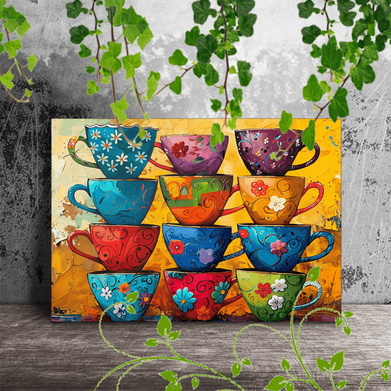 

1pc Wooden Framed Canvas Painting, Stacked Teacups Colorful Whimsical Playful Bold Art Artwork Very Suitable For Office Corridor Home Living Room Decoration Suspensibility