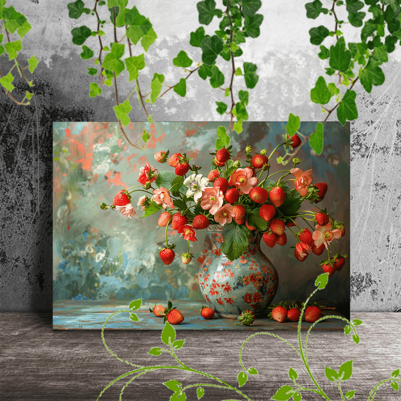 

1pc Wooden Framed Canvas Painting, Strawberry Flowers Vase Colorful Fresh Artwork Very Suitable For Office Corridor Home Living Room Decoration Suspensibility