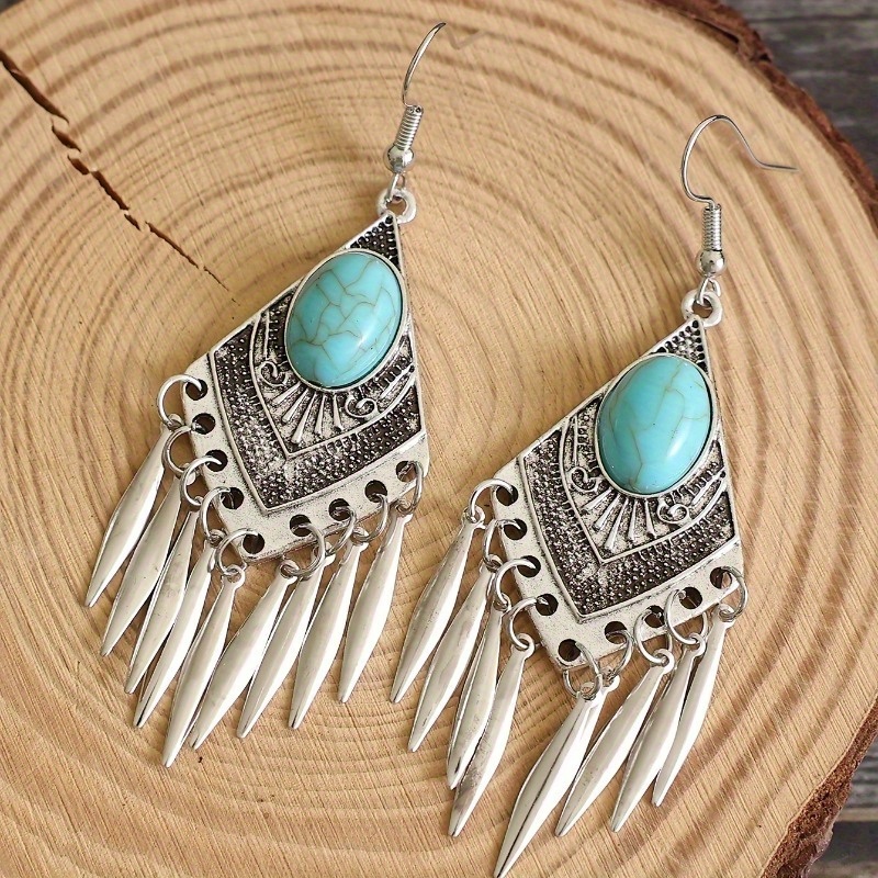 

A Pair Of Bohemian Retro Turquoise Earrings Designed With Zinc Alloy Silver-plated Jewelry For Women