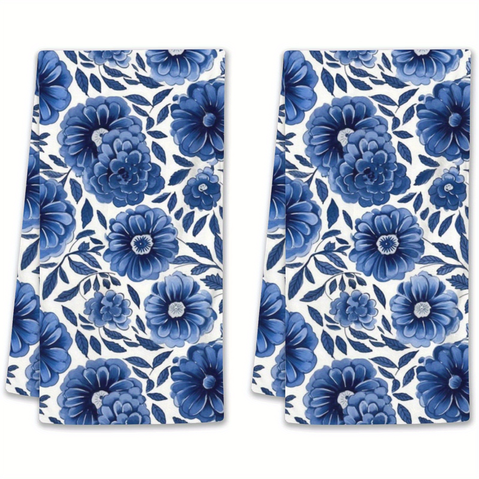 

4 Seasons Kitchen Towels: Blue Flower Print, 2 Pieces, 18x26 Inch, Super Soft, Suitable For Home Decoration, Indoor & Outdoor Party Supplies