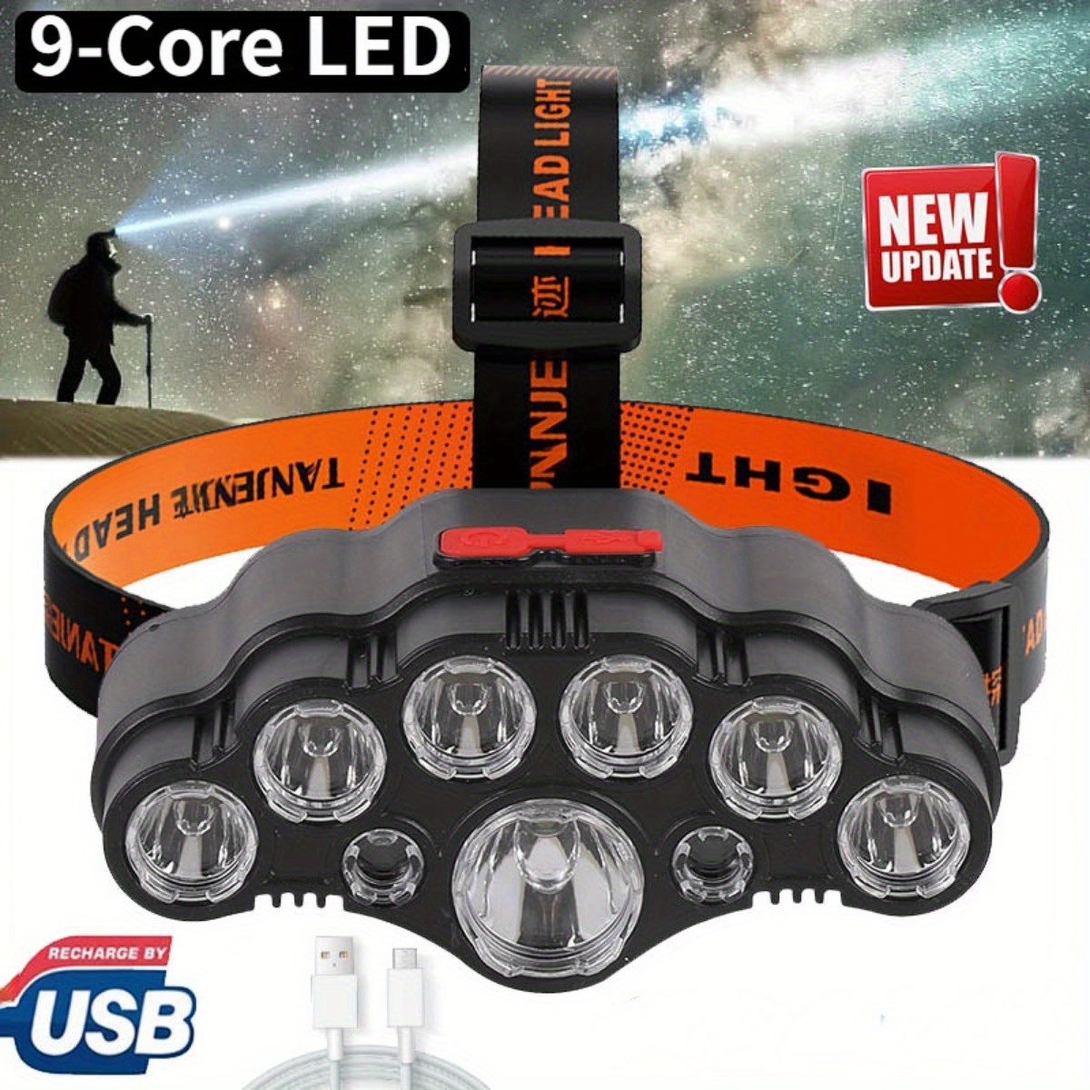 

9 Core Led Headlamp, Outdoor Abs Head-mounted 4 Modes Rechargeable Headlight, Fishing Light Built-in Battery Headlight