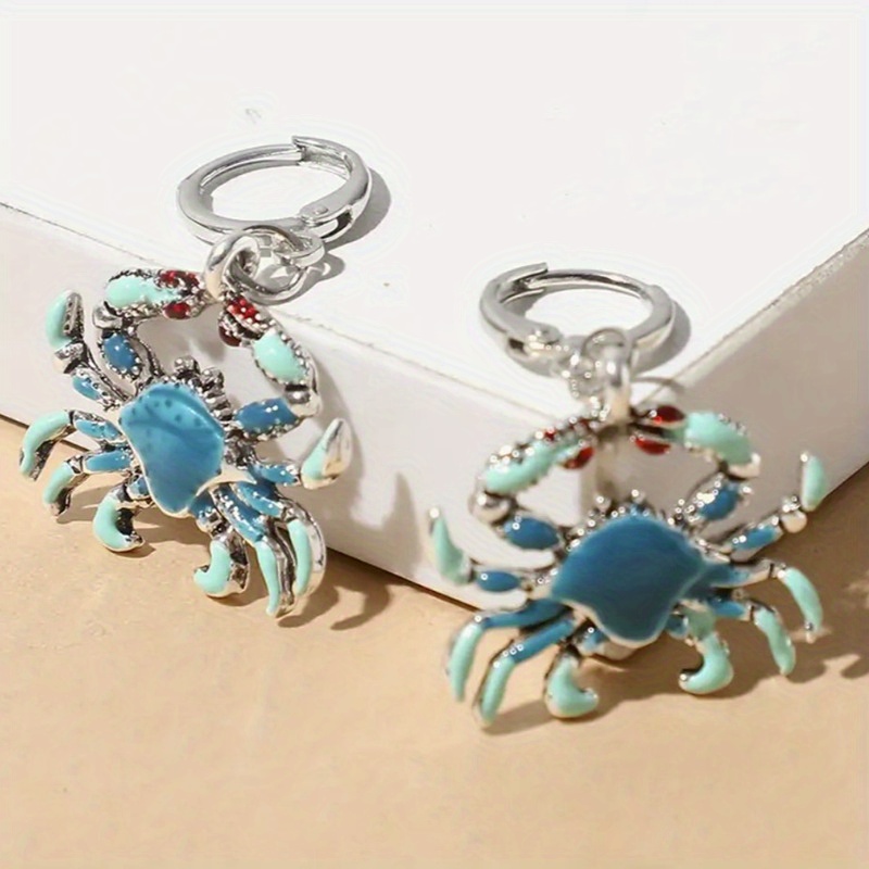 

1 Pair Ocean-inspired Crab Earrings, Opal Earrings With Blue Accents, Beach Jewelry, 1.14in X 1.46in Silver-tone Dangle Earrings For Women