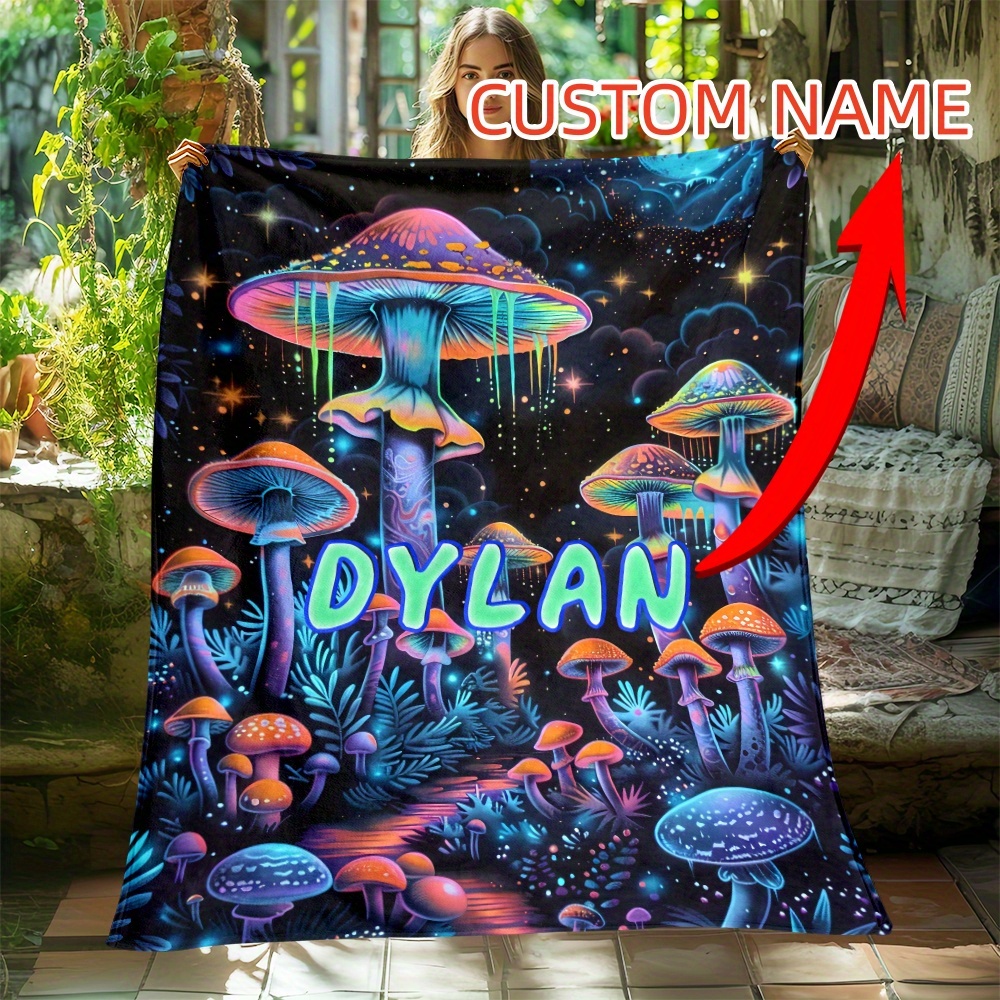 

1pc Custom Name Mushroom Printed Soft And Warm Blanket - Lightweight Flannel Throw For Sofa, Bed Sheet, Bedroom, Travel, Living Room, Office, Couch, Chair, Camping, Climbing