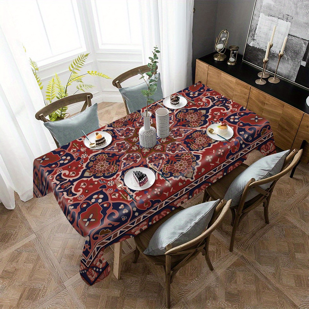 

1pc Vintage Red Patterned Round Tablecloth - Waterproof, Oil-resistant, Home Kitchen Use, Durable Table Cover, Rectangular Tablecloth, Machine Made, Super Fine Fiber, Polyester Material