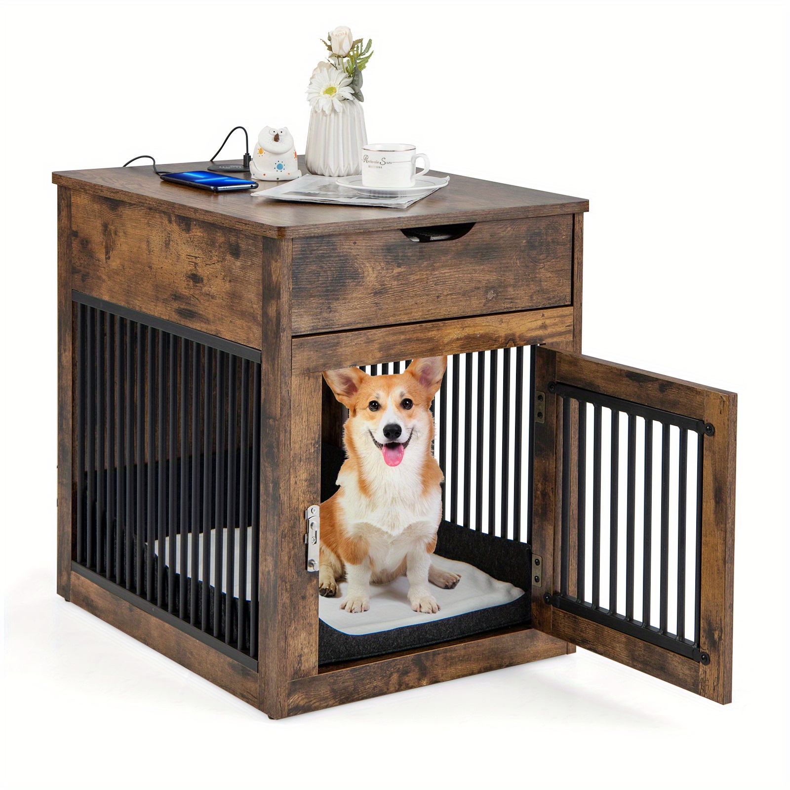 

2-in-1 Furniture Dog Crate With Drawer Wired & Wireless Charging Side End Table