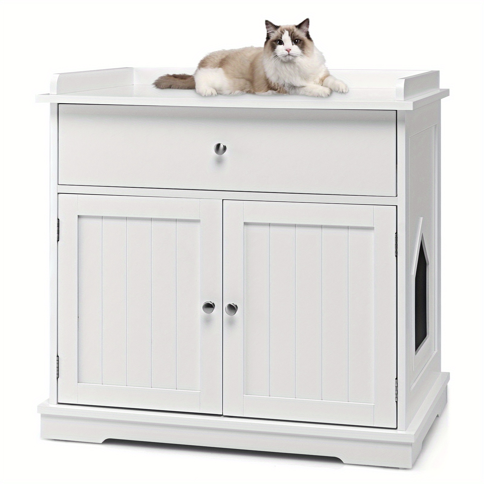 

Wooden Cat Litter Box Enclosure W W/ Drawer Side Table Furniture White