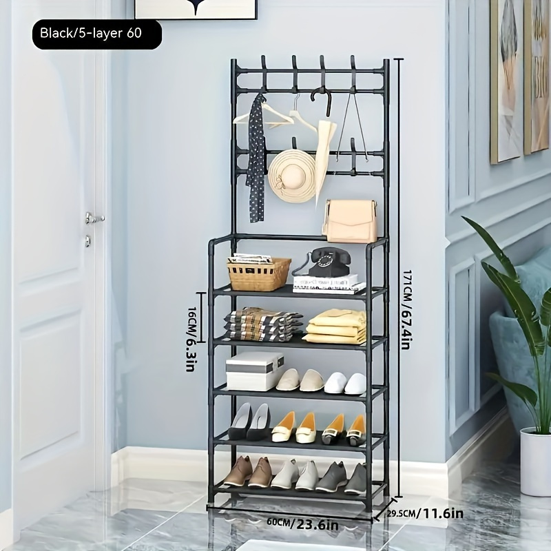 

5-layer Free Standing Metal Shoe Rack With 8 Double Hooks - Perfect For Entryway, Living Room, Bathroom, Or Hallway Organization