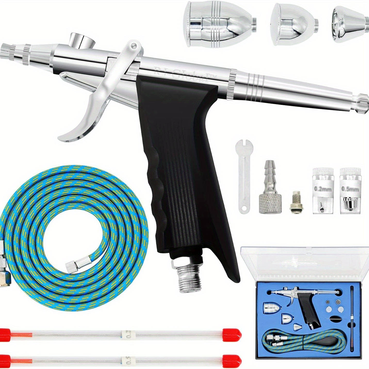 

Airbrush Kit, Trigger Air Brush Spray Gun With 0.3, 0.2, 0.5mm Needles, 3 Sets Nozzles, Air Cap, 2cc/5cc/13cc Paint Cup, Air Hose, For Tattoo, Makeup, Nail, Model, Art Hobby